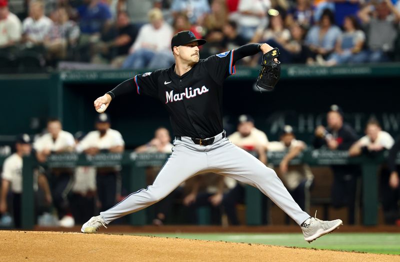Sep 19, 2025; Arlington, Texas, USA;  Miami Marlins starting pitcher Janson Junk (26) throws during the first inning against the Texas Rangers at Globe Life Field. Mandatory Credit: Kevin Jairaj-Imagn Images