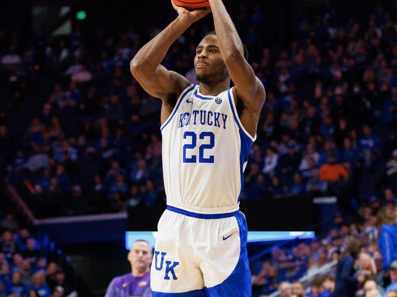 Jan 3, 2023; Lexington, Kentucky, USA; Kentucky Wildcats guard Cason Wallace (22) shoots the ball during the second half against the LSU Tigers at Rupp Arena at Central Bank Center. Mandatory Credit: Jordan Prather-USA TODAY Sports