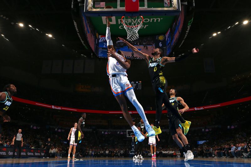 OKLAHOMA CITY, OK - MARCH 12: Shai Gilgeous-Alexander #2 of the Oklahoma City Thunder drives to the basket during the game against the Indiana Pacers on March 12, 2024 at Paycom Arena in Oklahoma City, Oklahoma. NOTE TO USER: User expressly acknowledges and agrees that, by downloading and or using this photograph, User is consenting to the terms and conditions of the Getty Images License Agreement. Mandatory Copyright Notice: Copyright 2024 NBAE (Photo by Zach Beeker/NBAE via Getty Images)