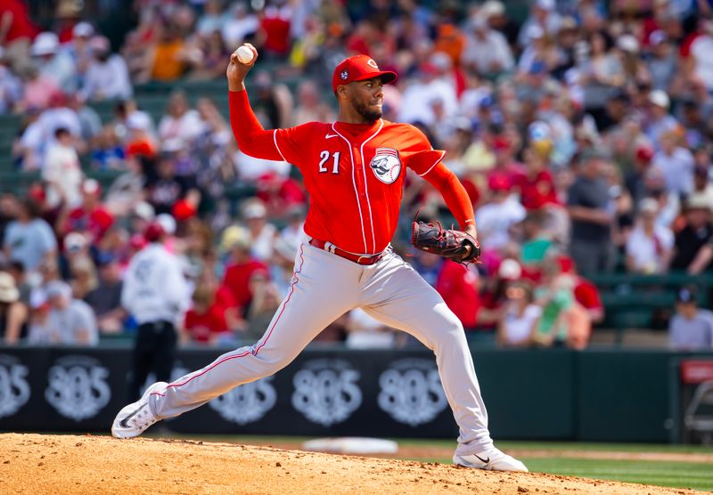 Mar 19, 2024; Tempe, Arizona, USA; Cincinnati Reds pitcher Hunter Greene against the Los Angeles Angels during a spring training game at Tempe Diablo Stadium. Mandatory Credit: Mark J. Rebilas-USA TODAY Sports