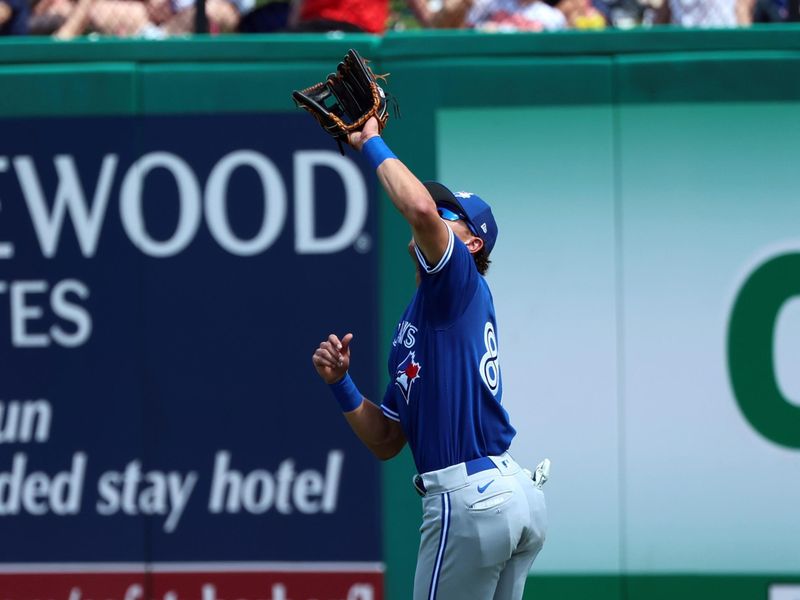 Mar 12, 2023; Clearwater, Florida, USA; Toronto Blue Jays outfielder Cam Eden (87) catches a fly ball against the Philadelphia Phillies during the second inning  at BayCare Ballpark. Mandatory Credit: Kim Klement-USA TODAY Sports