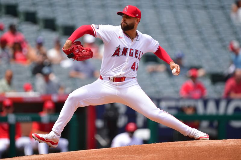 May 1, 2024; Anaheim, California, USA; Los Angeles Angels pitcher Patrick Sandoval (43) throws against the Philadelphia Phillies during the first inning at Angel Stadium. Mandatory Credit: Gary A. Vasquez-USA TODAY Sports