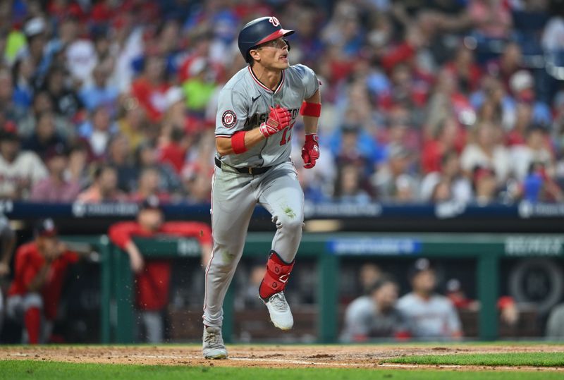 Aug 17, 2024; Philadelphia, Pennsylvania, USA; Washington Nationals outfielder Alex Call (17) runs toward first base after hitting a home run against the Philadelphia Phillies in the fourth inning at Citizens Bank Park. Mandatory Credit: Kyle Ross-USA TODAY Sports