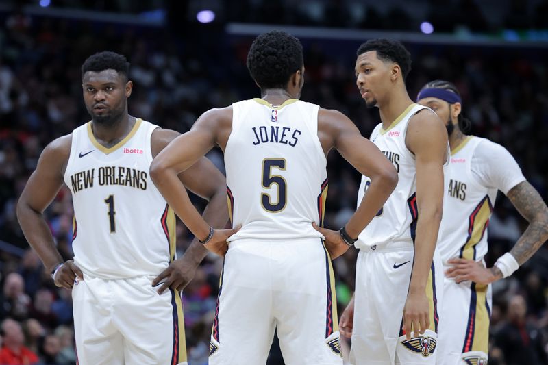 NEW ORLEANS, LOUISIANA - FEBRUARY 25: Zion Williamson #1, Herbert Jones #5, Trey Murphy III #25 and Brandon Ingram #14 of the New Orleans Pelicans react against the Chicago Bulls during the second half at the Smoothie King Center on February 25, 2024 in New Orleans, Louisiana. NOTE TO USER: User expressly acknowledges and agrees that, by downloading and or using this Photograph, user is consenting to the terms and conditions of the Getty Images License Agreement. (Photo by Jonathan Bachman/Getty Images)