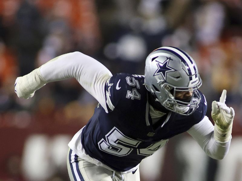 Dallas Cowboys defensive end Sam Williams (54) runs during an NFL football game against the Washington Commanders, Sunday, January 7, 2024 in Landover, Md. (AP Photo/Daniel Kucin Jr.)