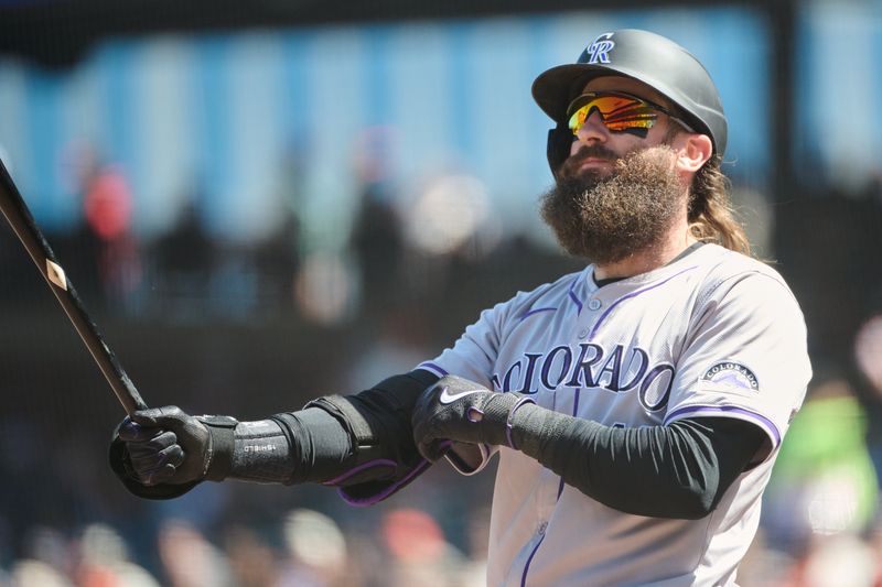 May 19, 2024; San Francisco, California, USA; Colorado Rockies outfielder Charlie Blackmon (19) bats against the San Francisco Giants during the eighth inning at Oracle Park. Mandatory Credit: Robert Edwards-USA TODAY Sports