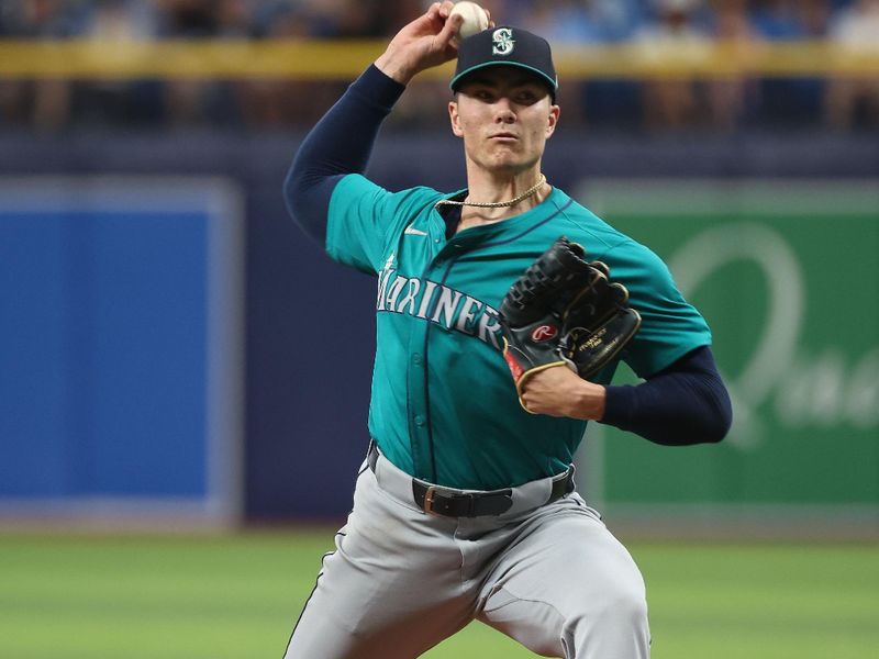 Jun 24, 2024; St. Petersburg, Florida, USA;  Seattle Mariners pitcher Bryan Woo (22) throws a pitch against the Tampa Bay Rays during the third inning at Tropicana Field. Mandatory Credit: Kim Klement Neitzel-USA TODAY Sports