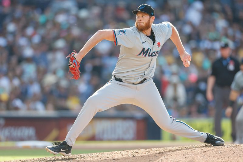 May 27, 2024; San Diego, California, USA; Miami Marlins relief pitcher A.J. Puk (35) throws a pitch during the seventh inning San Diego Padres at Petco Park. Mandatory Credit: David Frerker-USA TODAY Sports