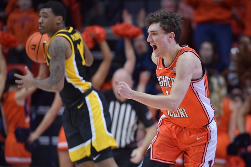 Feb 24, 2024; Champaign, Illinois, USA;  Illinois Fighting Illini guard Niccolo Moretti (11) reacts after scoring during the second half against the Iowa Hawkeyes at State Farm Center. Mandatory Credit: Ron Johnson-USA TODAY Sports