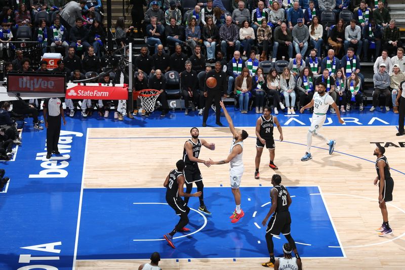 MINNEAPOLIS, MN -  FEBRUARY 24: Kyle Anderson #1 of the Minnesota Timberwolves shoots the ball during the game against the Brooklyn Nets on February 24, 2024 at Target Center in Minneapolis, Minnesota. NOTE TO USER: User expressly acknowledges and agrees that, by downloading and or using this Photograph, user is consenting to the terms and conditions of the Getty Images License Agreement. Mandatory Copyright Notice: Copyright 2024 NBAE (Photo by David Sherman/NBAE via Getty Images)