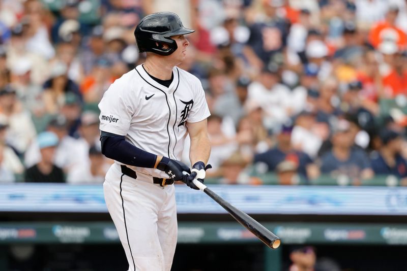 Jul 12, 2025; Detroit, Michigan, USA; Detroit Tigers second baseman Colt Keith (33) looks on after hitting a single in the fifth inning against the Seattle Mariners at Comerica Park. Mandatory Credit: Rick Osentoski-Imagn Images