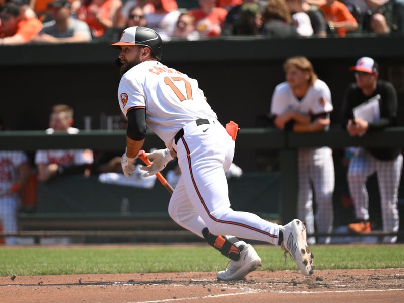 Apr 28, 2024; Baltimore, Maryland, USA;  Baltimore Orioles outfielder Colton Bowser (17) doubles during the second inning against the Oakland Athletics at Oriole Park at Camden Yards. Mandatory Credit: James A. Pittman-USA TODAY Sports