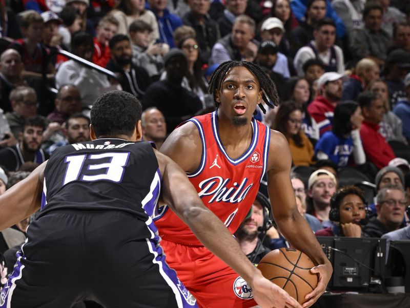 PHILADELPHIA, PA - JANUARY 12:  Tyrese Maxey #0 of the Philadelphia 76ers handles the ball during the game  on January 12, 2024 at the Wells Fargo Center in Philadelphia, Pennsylvania NOTE TO USER: User expressly acknowledges and agrees that, by downloading and/or using this Photograph, user is consenting to the terms and conditions of the Getty Images License Agreement. Mandatory Copyright Notice: Copyright 2024 NBAE (Photo by David Dow/NBAE via Getty Images)