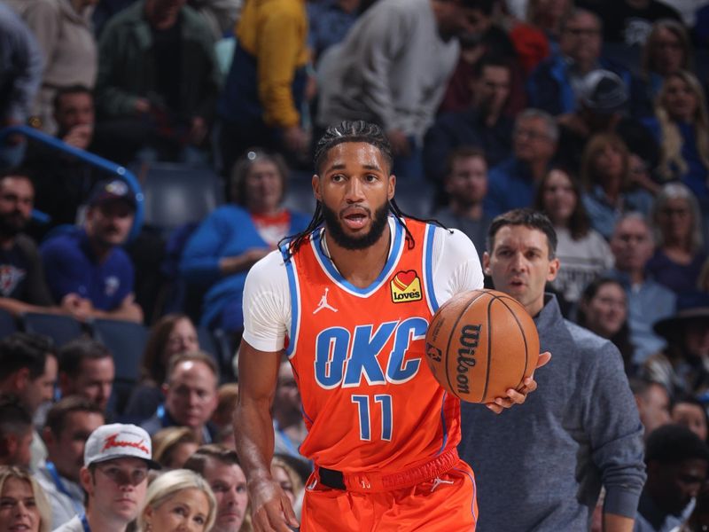 OKLAHOMA CITY, OK - NOVEMBER 11: Isaiah Joe #11 of the Oklahoma City Thunder dribbles the ball during the game against the LA Clippers on November 11, 2024 at Paycom Center in Oklahoma City, Oklahoma. NOTE TO USER: User expressly acknowledges and agrees that, by downloading and or using this photograph, User is consenting to the terms and conditions of the Getty Images License Agreement. Mandatory Copyright Notice: Copyright 2024 NBAE (Photo by Nathaniel S. Butler/NBAE via Getty Images)