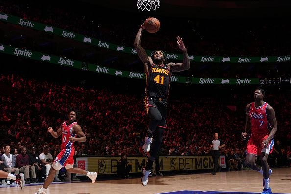 PHILADELPHIA, PA - DECEMBER 8: Saddiq Bey #41 of the Atlanta Hawks drives to the basket during the game against the Philadelphia 76ers on December 8, 2023 at the Wells Fargo Center in Philadelphia, Pennsylvania NOTE TO USER: User expressly acknowledges and agrees that, by downloading and/or using this Photograph, user is consenting to the terms and conditions of the Getty Images License Agreement. Mandatory Copyright Notice: Copyright 2023 NBAE (Photo by Jesse D. Garrabrant/NBAE via Getty Images)