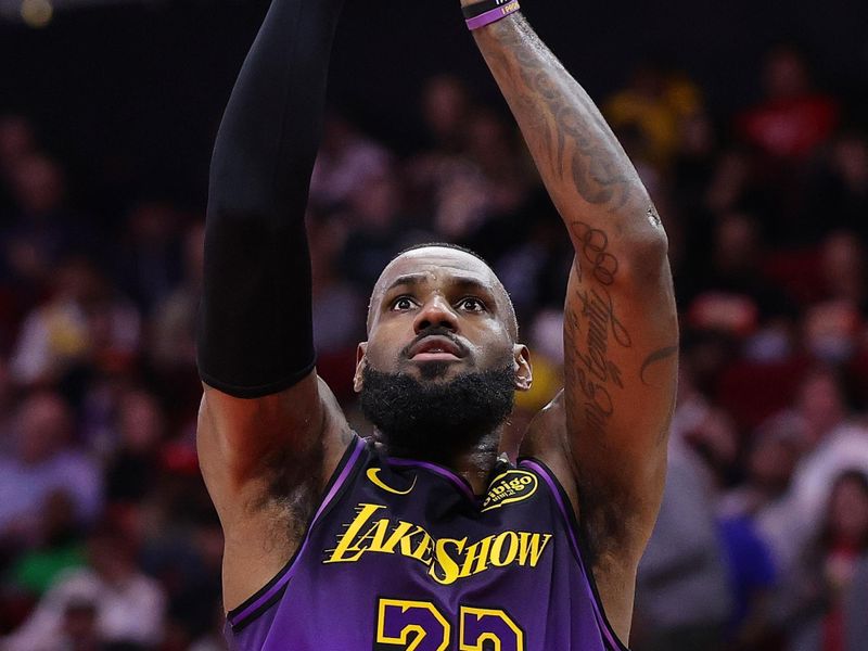 HOUSTON, TEXAS - JANUARY 05: LeBron James #23 of the Los Angeles Lakers shoots the ball against the Houston Rockets during the first half at Toyota Center on January 05, 2025 in Houston, Texas. NOTE TO USER: User expressly acknowledges and agrees that, by downloading and or using this photograph, User is consenting to the terms and conditions of the Getty Images License Agreement.  (Photo by Alex Slitz/Getty Images)