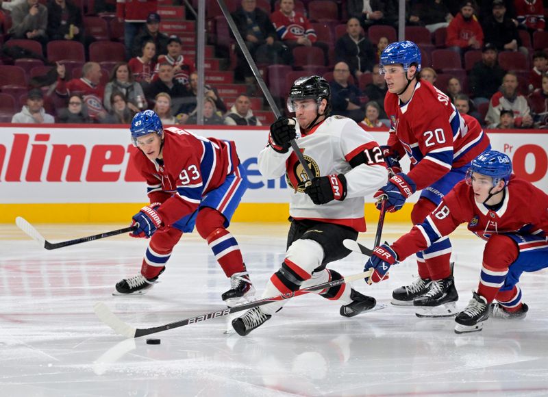 Nov 1, 2025; Montreal, Quebec, CAN; Ottawa Senators forward Shane Pinto (12) battles for the puck against Montreal Canadiens forward Juraj Slafkovsky (20) and forward Ivan Demidov (93) and defenseman Lane Hutson (48) during the second period at the Bell Centre. Mandatory Credit: Eric Bolte-Imagn Images