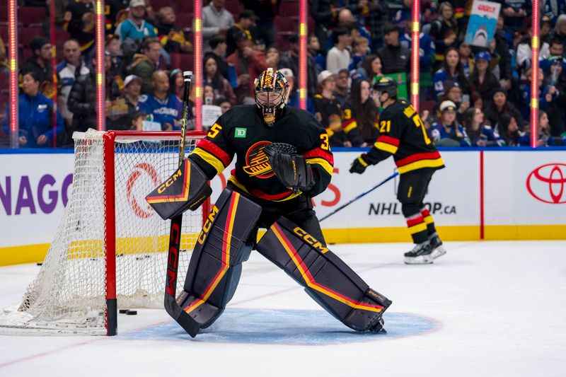 Dec 6, 2024; Vancouver, British Columbia, CAN; Vancouver Canucks goalie Thatcher Demko (35) skates during warm up prior to a game against the Columbus Blue Jackets at Rogers Arena. Mandatory Credit: Bob Frid-Imagn Images