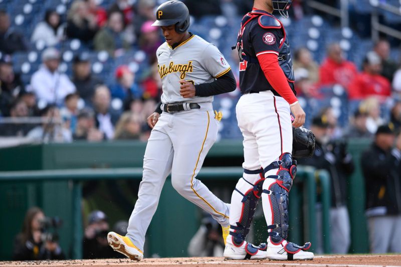 Apr 4, 2024; Washington, District of Columbia, USA; Pittsburgh Pirates third baseman Ke'Bryan Hayes (13) scores a run during the first inning against the Washington Nationals at Nationals Park. Mandatory Credit: Reggie Hildred-USA TODAY Sports