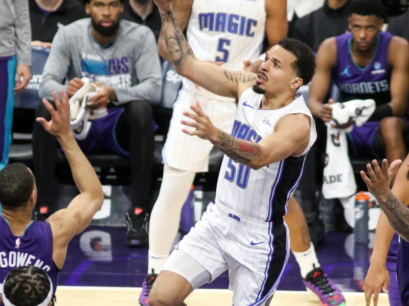 CHARLOTTE, NC - MARCH 5: Cole Anthony #50 of the Orlando Magic drives to the basket during the game against the Charlotte Hornets on March 5, 2024 at Spectrum Center in Charlotte, North Carolina. NOTE TO USER: User expressly acknowledges and agrees that, by downloading and or using this photograph, User is consenting to the terms and conditions of the Getty Images License Agreement.  Mandatory Copyright Notice:  Copyright 2024 NBAE (Photo by Brock Williams-Smith/NBAE via Getty Images)