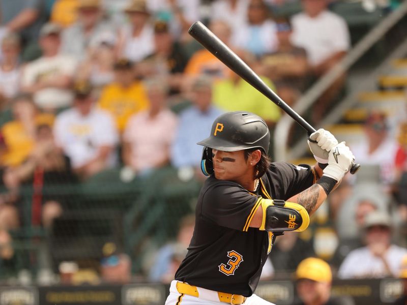 Mar 5, 2024; Bradenton, Florida, USA;  Pittsburgh Pirates infielder/outfielder Ji Hwan Bae (3)  at bat during the fifth inning against the Toronto Blue Jays at LECOM Park. Mandatory Credit: Kim Klement Neitzel-USA TODAY Sports