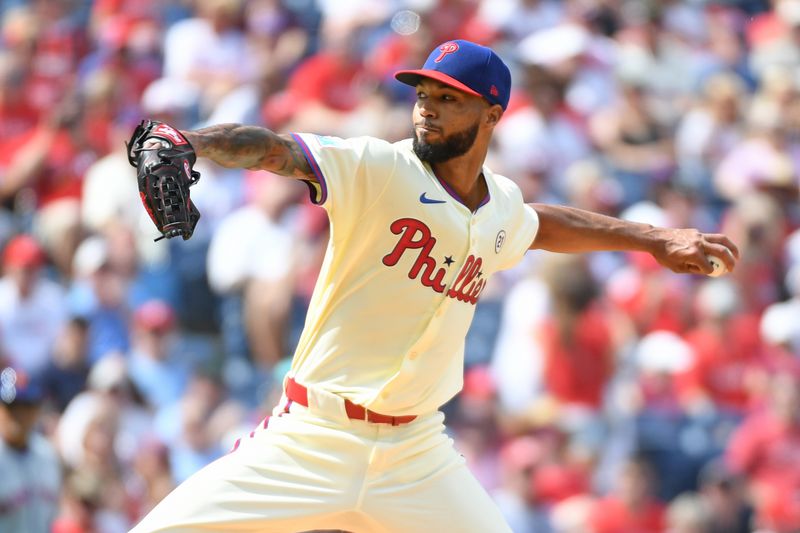 Sep 15, 2024; Philadelphia, Pennsylvania, USA; Philadelphia Phillies pitcher Cristopher Sánchez (61)  throws a pitch during the first inning against the New York Mets at Citizens Bank Park. Mandatory Credit: Eric Hartline-Imagn Images