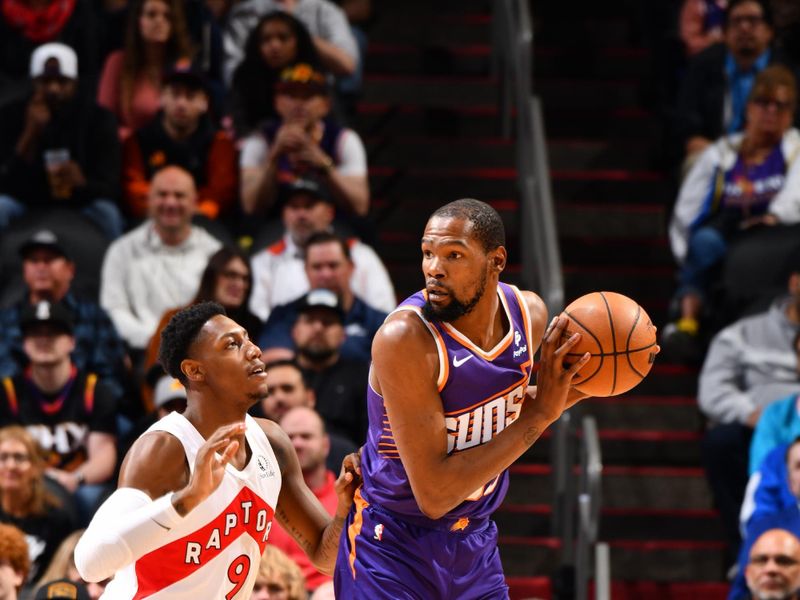 PHOENIX, AZ - MARCH 7: Kevin Durant #35 of the Phoenix Suns handles the ball during the game against the Toronto Raptors on March 7, 2024 at Footprint Center in Phoenix, Arizona. NOTE TO USER: User expressly acknowledges and agrees that, by downloading and or using this photograph, user is consenting to the terms and conditions of the Getty Images License Agreement. Mandatory Copyright Notice: Copyright 2024 NBAE (Photo by Barry Gossage/NBAE via Getty Images)