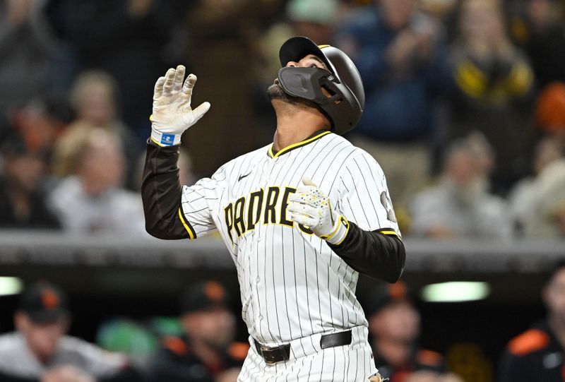 Apr 29, 2025; San Diego, California, USA; San Diego Padres shortstop Xander Bogaerts (2) reacts after hitting a two-run home run during the seventh inning against the San Francisco Giants at Petco Park. Mandatory Credit: Denis Poroy-Imagn Images