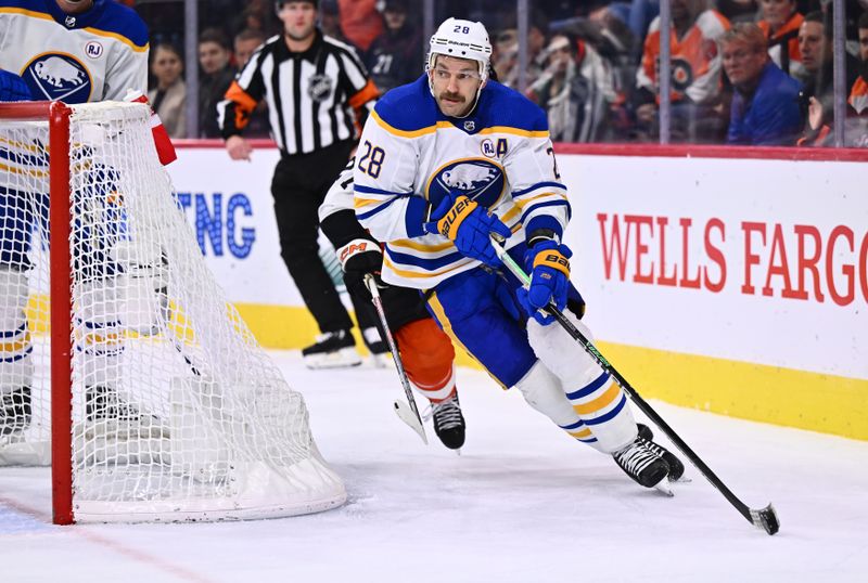 Nov 1, 2023; Philadelphia, Pennsylvania, USA; Buffalo Sabres left wing Zemgus Girgensons (28) controls the puck against the Philadelphia Flyers in the third period at Wells Fargo Center. Mandatory Credit: Kyle Ross-USA TODAY Sports