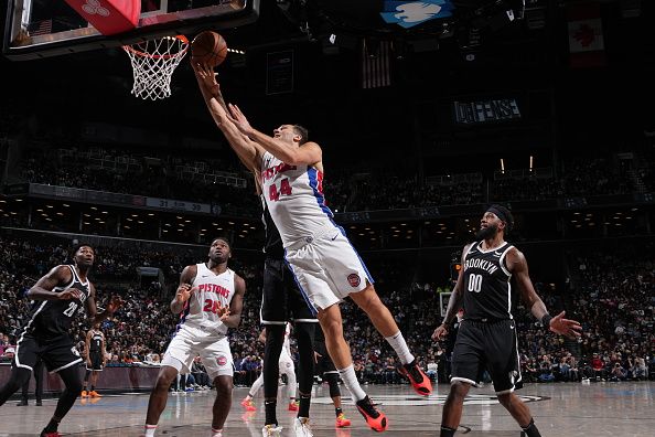 BROOKLYN, NY - DECEMBER 23: Bojan Bogdanovic #44 of the Detroit Pistons drives to the basket during the game against the Brooklyn Nets on December 23, 2023 at Barclays Center in Brooklyn, New York. NOTE TO USER: User expressly acknowledges and agrees that, by downloading and or using this Photograph, user is consenting to the terms and conditions of the Getty Images License Agreement. Mandatory Copyright Notice: Copyright 2023 NBAE (Photo by Jesse D. Garrabrant/NBAE via Getty Images)