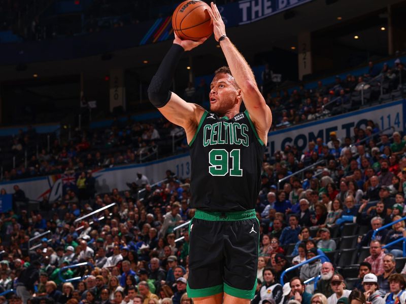 OKLAHOMA CITY, OK - JANUARY 3:  Blake Griffin #91 of the Boston Celtics shoots a three point basket during the game against the Oklahoma City Thunder on January 3, 2023 at Paycom Arena in Oklahoma City, Oklahoma. NOTE TO USER: User expressly acknowledges and agrees that, by downloading and or using this photograph, User is consenting to the terms and conditions of the Getty Images License Agreement. Mandatory Copyright Notice: Copyright 2023 NBAE (Photo by Zach Beeker/NBAE via Getty Images)