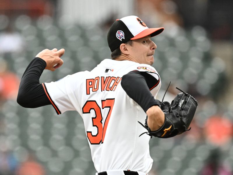 Sep 11, 2025; Baltimore, Maryland, USA;  Baltimore Orioles pitcher Cade Povich (37) delivers a pitch during the second inning against the Pittsburgh Pirates at Oriole Park at Camden Yards. Mandatory Credit: James A. Pittman-Imagn Images