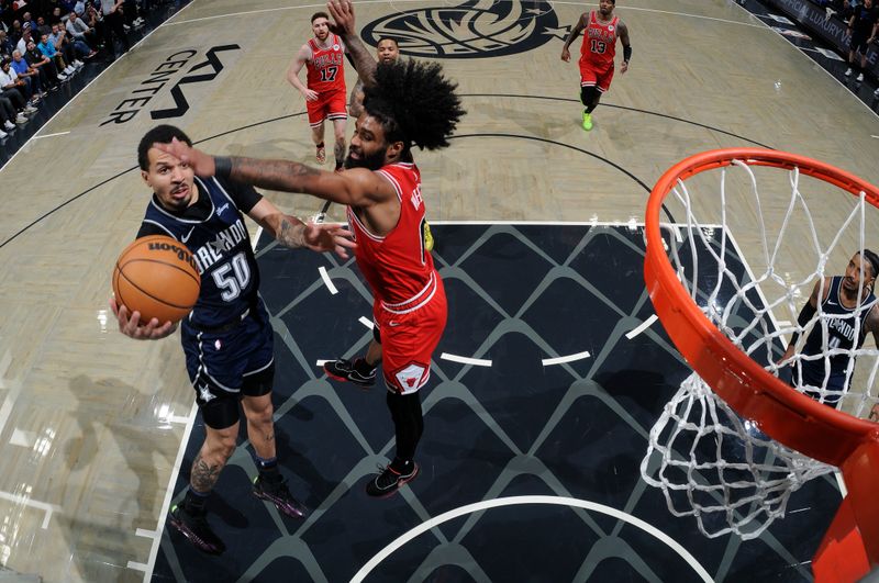 ORLANDO, FL - APRIL 7: Cole Anthony #50 of the Orlando Magic drives to the basket during the game against the Chicago Bulls on April 7, 2024 at the Kia Center in Orlando, Florida. NOTE TO USER: User expressly acknowledges and agrees that, by downloading and or using this photograph, User is consenting to the terms and conditions of the Getty Images License Agreement. Mandatory Copyright Notice: Copyright 2024 NBAE (Photo by Fernando Medina/NBAE via Getty Images)