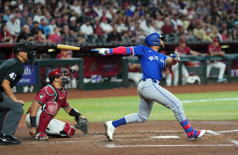 Jul 14, 2024; Phoenix, Arizona, USA; Toronto Blue Jays outfielder Steward Berroa (37) bats during his first MLB plate appearance during the third inning against the Arizona Diamondbacks at Chase Field. Mandatory Credit: Joe Camporeale-USA TODAY Sports