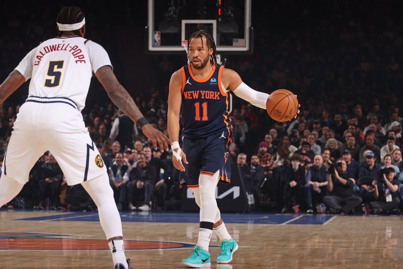 NEW YORK, NY - JANUARY 25: Jalen Brunson #11 of the New York Knicks brings the ball up court during the game against the Denver Nuggets on January 25, 2024 at Madison Square Garden in New York City, New York.  NOTE TO USER: User expressly acknowledges and agrees that, by downloading and or using this photograph, User is consenting to the terms and conditions of the Getty Images License Agreement. Mandatory Copyright Notice: Copyright 2024 NBAE  (Photo by Nathaniel S. Butler/NBAE via Getty Images)