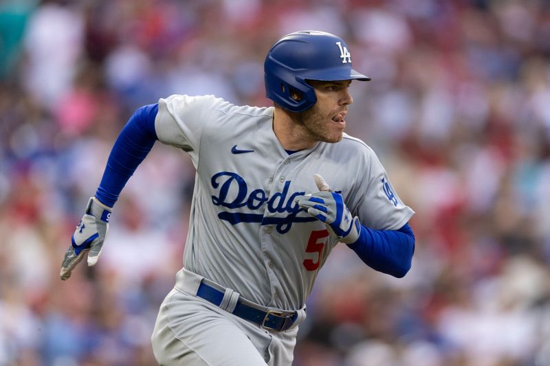 Jun 9, 2023; Philadelphia, Pennsylvania, USA; Los Angeles Dodgers first baseman Freddie Freeman (5) runs the bases on his way to a double during the first inning against the Philadelphia Phillies at Citizens Bank Park. Mandatory Credit: Bill Streicher-USA TODAY Sports