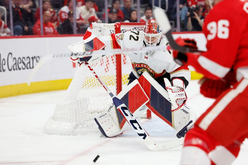 Mar 2, 2024; Detroit, Michigan, USA; Florida Panthers goaltender Sergei Bobrovsky (72) makes a save in the second period against the Detroit Red Wings at Little Caesars Arena. Mandatory Credit: Rick Osentoski-USA TODAY Sports