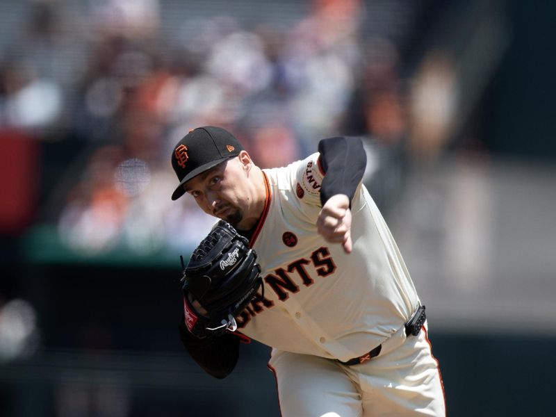 Jul 14, 2024; San Francisco, California, USA; San Francisco Giants starting pitcher Blake Snell (7) delivers a pitch against the Minnesota Twins during the first inning at Oracle Park. Mandatory Credit: D. Ross Cameron-USA TODAY Sports