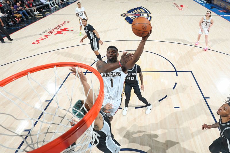 NEW ORLEANS, LA - FEBRUARY 25: Zion Williamson #1 of the New Orleans Pelicans drives to the basket during the game against the San Antonio Spurs on February 25, 2025 at the Smoothie King Center in New Orleans, Louisiana. NOTE TO USER: User expressly acknowledges and agrees that, by downloading and or using this Photograph, user is consenting to the terms and conditions of the Getty Images License Agreement. Mandatory Copyright Notice: Copyright 2025 NBAE (Photo by Jeff Haynes/NBAE via Getty Images)