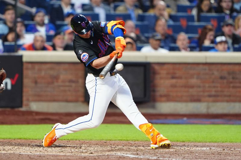 May 13, 2024; New York City, New York, USA; New York Mets first baseman Pete Alonso (20) hits a single against the Philadelphia Phillies during the third inning at Citi Field. Mandatory Credit: Gregory Fisher-USA TODAY Sports