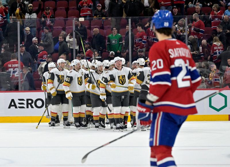 Nov 16, 2023; Montreal, Quebec, CAN; The Vegas Golden Knights celebrate the victory against the Montreal Canadiens at the Bell Centre. Mandatory Credit: Eric Bolte-USA TODAY Sports