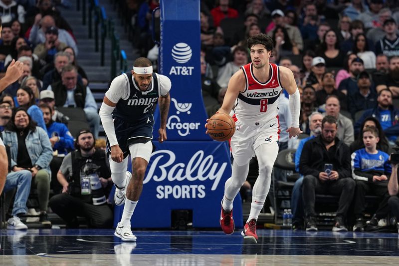 DALLAS, TX - FEBRUARY 12: Deni Avdija #8 of the Washington Wizards handles the ball during the game against the Dallas Mavericks on February 12, 2024 at the American Airlines Center in Dallas, Texas. NOTE TO USER: User expressly acknowledges and agrees that, by downloading and or using this photograph, User is consenting to the terms and conditions of the Getty Images License Agreement. Mandatory Copyright Notice: Copyright 2024 NBAE (Photo by Glenn James/NBAE via Getty Images)