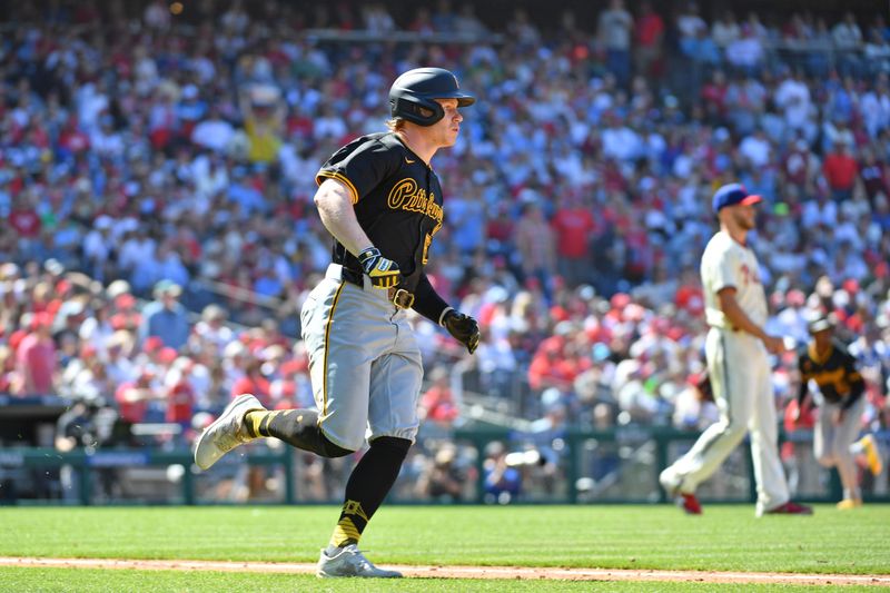 Apr 14, 2024; Philadelphia, Pennsylvania, USA; Pittsburgh Pirates outfielder Jack Suwinski (65) watches his grand slam home run against Philadelphia Phillies pitcher Zack Wheeler (45) during the sixth inning at Citizens Bank Park. Mandatory Credit: Eric Hartline-USA TODAY Sports