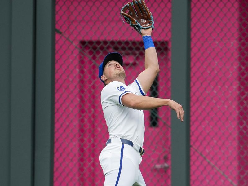 May 6, 2024; Kansas City, Missouri, USA; Kansas City Royals outfielder Hunter Renfroe (16) catches a fly ball during the first inning against the Milwaukee Brewers at Kauffman Stadium. Mandatory Credit: Jay Biggerstaff-USA TODAY Sports