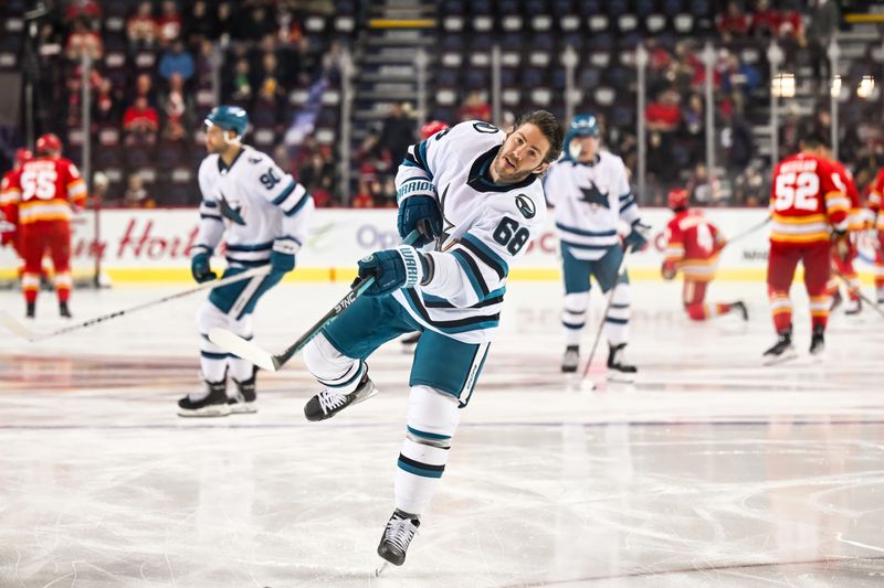 Feb 15, 2024; Calgary, Alberta, CAN; San Jose Sharks center Mike Hoffman (68) warms up before a game against the Calgary Flames at Scotiabank Saddledome. Mandatory Credit: Brett Holmes-USA TODAY Sports