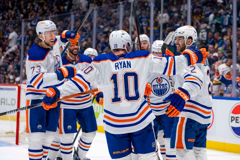 May 10, 2024; Vancouver, British Columbia, CAN; Edmonton Oilers forward Derek Ryan (10) and defenseman Vincent Desharnais (73) and forward Evander Kane (91) and forward Zach Hyman (18) and defenseman Mattias Ekholm (14) and defenseman Evan Bouchard (2) celebrate their victory against the Vancouver Canucks during the first overtime in game two of the second round of the 2024 Stanley Cup Playoffs at Rogers Arena. Mandatory Credit: Bob Frid-USA TODAY Sports