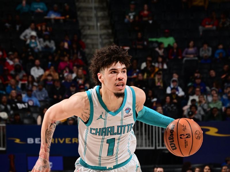 DETROIT, MI - JANUARY 24: LaMelo Ball #1 of the Charlotte Hornets handles the ball during the game against the Detroit Pistons on January 24, 2024 at Little Caesars Arena in Detroit, Michigan. NOTE TO USER: User expressly acknowledges and agrees that, by downloading and/or using this photograph, User is consenting to the terms and conditions of the Getty Images License Agreement. Mandatory Copyright Notice: Copyright 2024 NBAE (Photo by Chris Schwegler/NBAE via Getty Images)