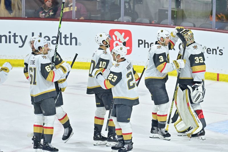 Feb 8, 2024; Tempe, Arizona, USA; The Vegas Golden Knights celebrate after beating the Arizona Coyotes at Mullett Arena. Mandatory Credit: Matt Kartozian-USA TODAY Sports