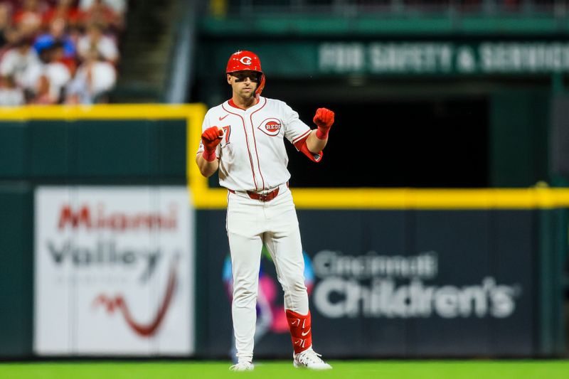 Jul 30, 2024; Cincinnati, Ohio, USA; Cincinnati Reds outfielder Spencer Steer (7) reacts after hitting a RBI double in the eighth inning against the Chicago Cubs at Great American Ball Park. Mandatory Credit: Katie Stratman-USA TODAY Sports