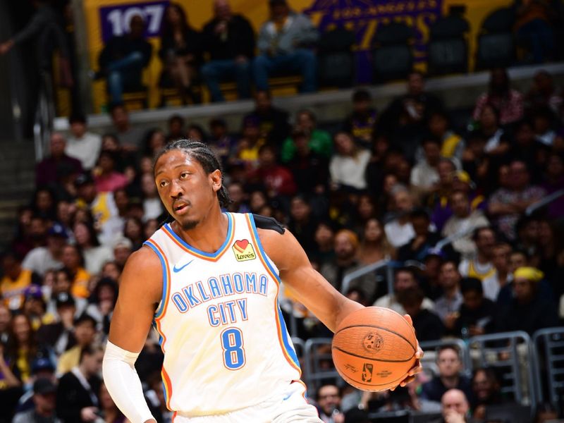 LOS ANGELES, CA - NOVEMBER 29: Jalen Williams #8 of the Oklahoma City Thunder dribbles the ball during the game against the Los Angeles Lakers during a Emirates NBA Cup game on October 22, 2024 at Crypto.Com Arena in Los Angeles, California. NOTE TO USER: User expressly acknowledges and agrees that, by downloading and/or using this Photograph, user is consenting to the terms and conditions of the Getty Images License Agreement. Mandatory Copyright Notice: Copyright 2024 NBAE (Photo by Adam Pantozzi/NBAE via Getty Images)